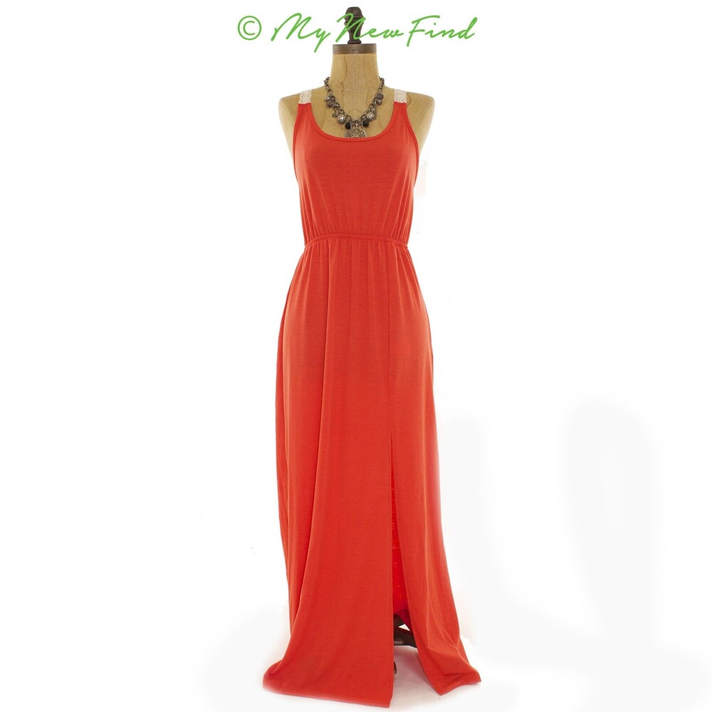 Rebellious One Juniors Tank Maxi Dress Size S Crochet Strap Orange NWT  B57